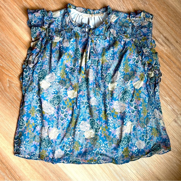Marie Oliver Tops - Marie Oliver Blue Floral Silk Top Size Large Sleeveless Neck Tie ruffle